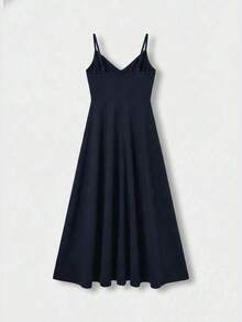 Vestido midi elegante de mujer con cuello en V, vestido de tirantes de mezcla de lino con corte evasé y espalda descubierta, adecuado para vacaciones, playa, boda, fiesta de cóctel - Azul marino - Ver 7
