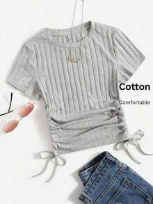 Camiseta tejida de canalé con fruncido lateral con cordón - Gris Claro - Ver 6