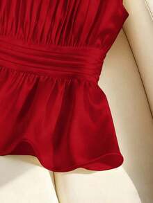 Blusa ajustada sin mangas con cuello y detalles de perlas falsas para mujer - Rojo - Ver 5