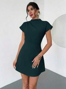 Vestido mini de línea A con fruncido de unicolor, adecuado para el uso diario en verano - Azul marino - Ver 5