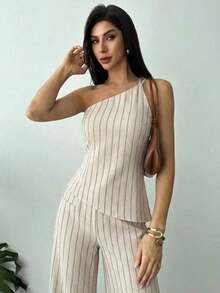 Nuevo conjunto de primavera/verano, elegante atuendo de vacaciones, blusa de lino asimétrico con cintura fruncida y espalda descubierta en color albaricoque y pantalones largos de cintura alta de 2 piezas de traje de lino - Albaricoque 2 - Ver 7