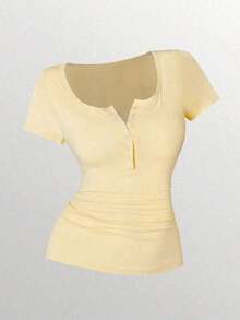 3 piezas Camisetas de manga corta casuales y versátiles de unicolor con pliegues para mujer - Multicolor 10 - Ver 3