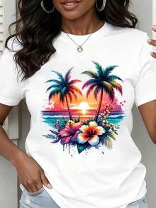 Camiseta de mujer de cuello redondo con estampado de atardecer tropical, palmeras y flores de hibisco. Manga corta, para uso casual en verano y vacaciones en llaya - Blanco - Ver 2