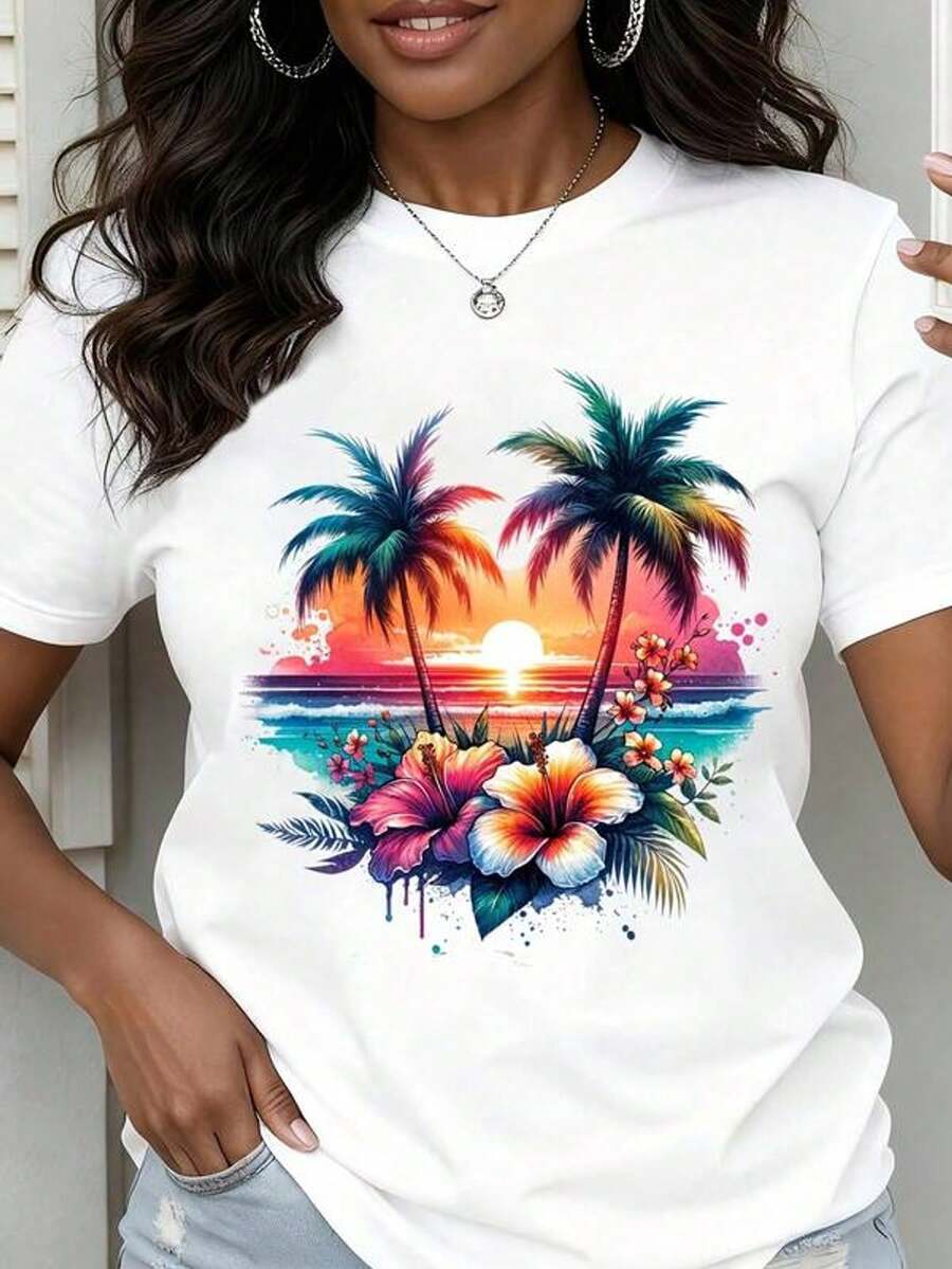 Camiseta de mujer de cuello redondo con estampado de atardecer tropical, palmeras y flores de hibisco. Manga corta, para uso casual en verano y vacaciones en llaya