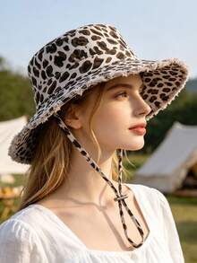1pc Vintage Leopard Print Frayed Edge Bucket Hat, Adjustable Rope Design, Beach Vacation Sun Protection Hat - Drawstring Leopard Print Fisherman's Hat - View 6