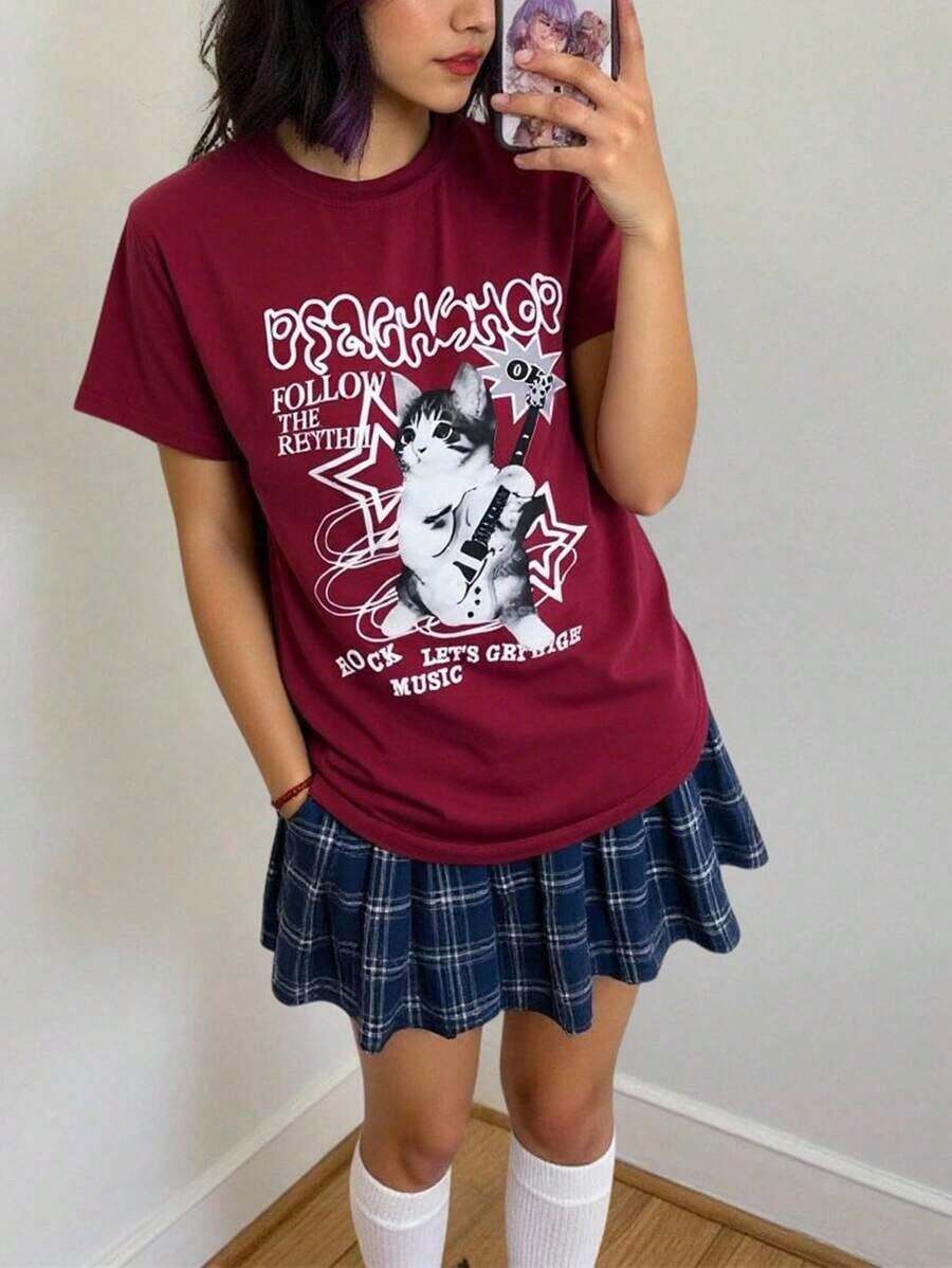 Camiseta de manga corta casual, suelta, con cuello redondo, estampada con letras y gatos para mujer - Multicolor - Ver 1