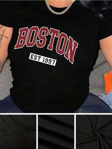 Camiseta casual de mujer con estampado de mariposas - Manga corta, cuello redondo, color negro, con diseño de la letra BOSTON, hecha de tela de poliéster suave, perfecta para usar en primavera y verano, adecuada para el uso casual diario. - Negro - Ver 2