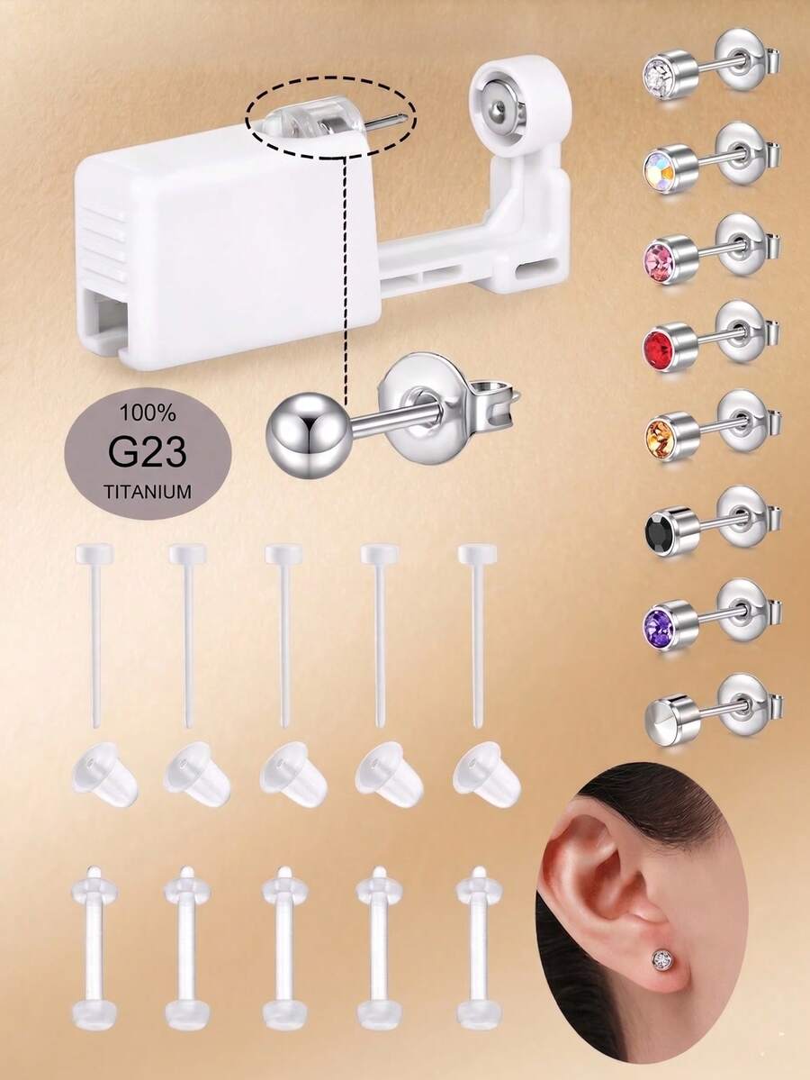 CIZME Kit de perforación de oreja de titanio G23 (plata), 1 pistola desechable de perforación de oreja (incluye pendiente precargado de 4 mm), set de perforación de cartílago/hélix de oreja para el hogar, 10 piezas de pendientes transparentes/de plástico (estilo deportivo) - Blanco - Ver 1