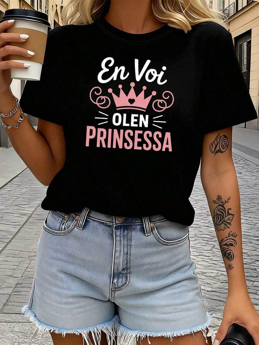 Women's Sweatshirts And Hoodies For Women Women's Sweatshirts And Hoodies Women's T-Shirt With Round Neck And Princess Print En Voi OLEN PRINSESSA With Decoration And Text, Casual Short Sleeve Style, Cute And Unique, As An Everyday Garment For Girls. Suitable For Spring, Summer And Autumn. - 黑色 - 查看 1
