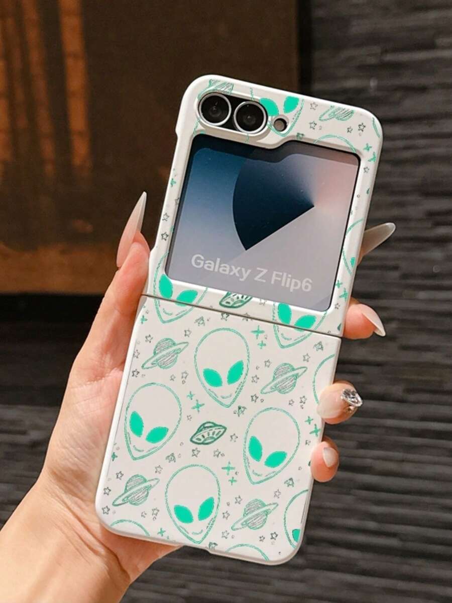 1个时尚简约可爱亲肤PC材质全屏UFO外星人元素折叠手机壳，可保护手机并防止跌落：三星Galaxy Zflip 3/Zflip 4/Zflip 5/Zflip 6/Zflip 7/ Razr 60/ Razr 50/Galaxy Z Flip7 FE - 白色 - 查看 1