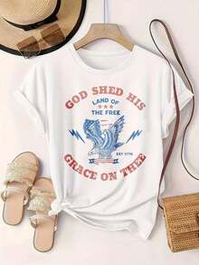 Vintage God Shed His Grace On Thee Land Of The Free Eagle Design Fashionable Casual Printed T-Shirt For Women, Suitable For All Seasons

-WhiteFashion - 白色 - 查看 2