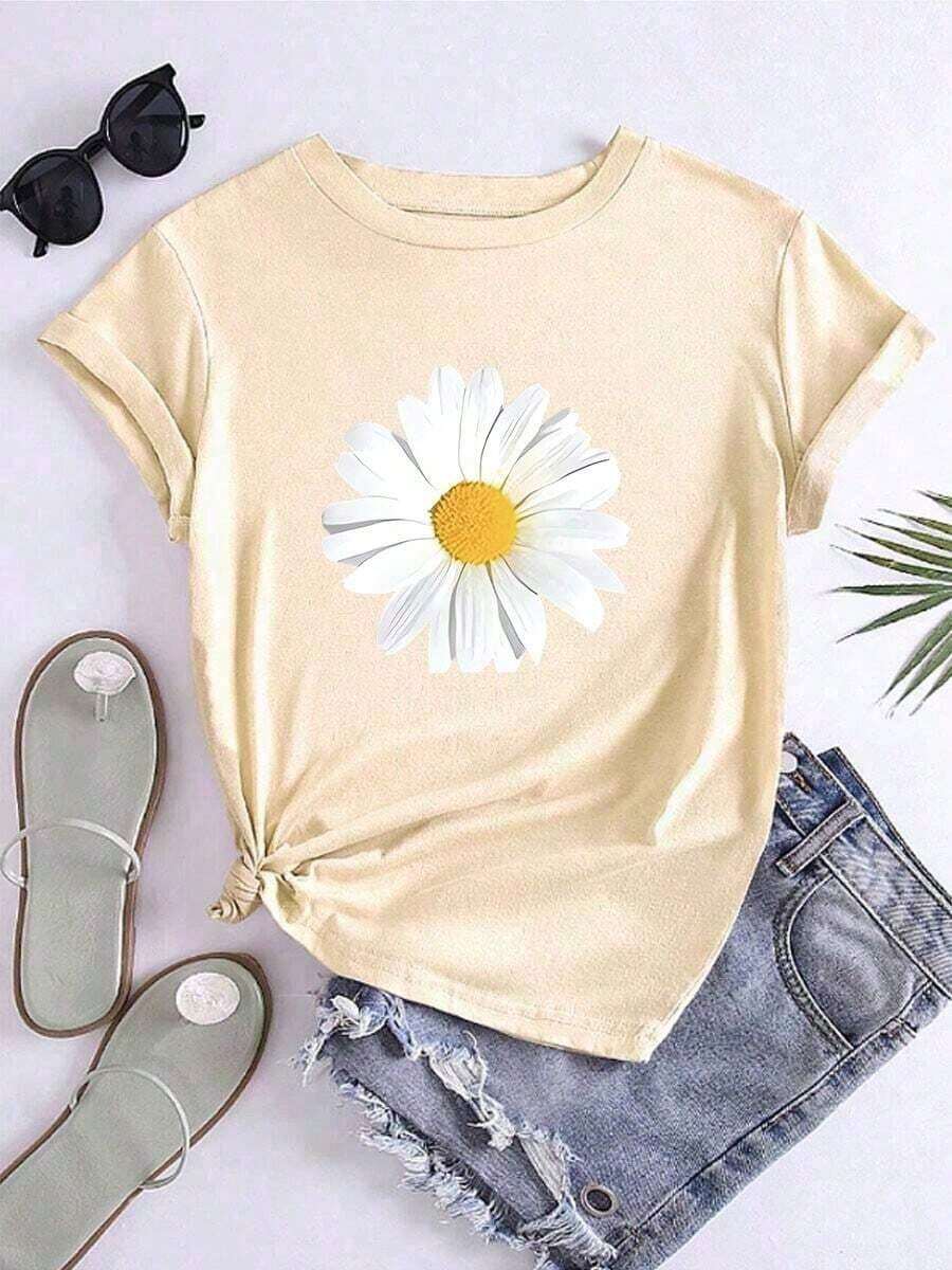 Camiseta suelta informal de mujer con estampado de crisantemos, adecuada para el uso diario deportivo en casa-Vintage Street Style Unisexoose Cotton Short Sleeve Crew Neck T-Shirt - Albaricoque - Ver 1