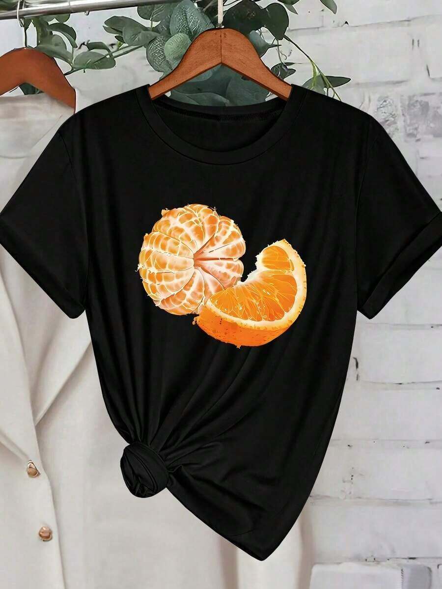 Camiseta Clásica de Manga Corta con Estampado de Rodajas de Naranja y Frutas, Nueva Colección de Verano, Camiseta Casual Elegante para Mujer, Ropa de , Éxito de - Negro - Ver 1