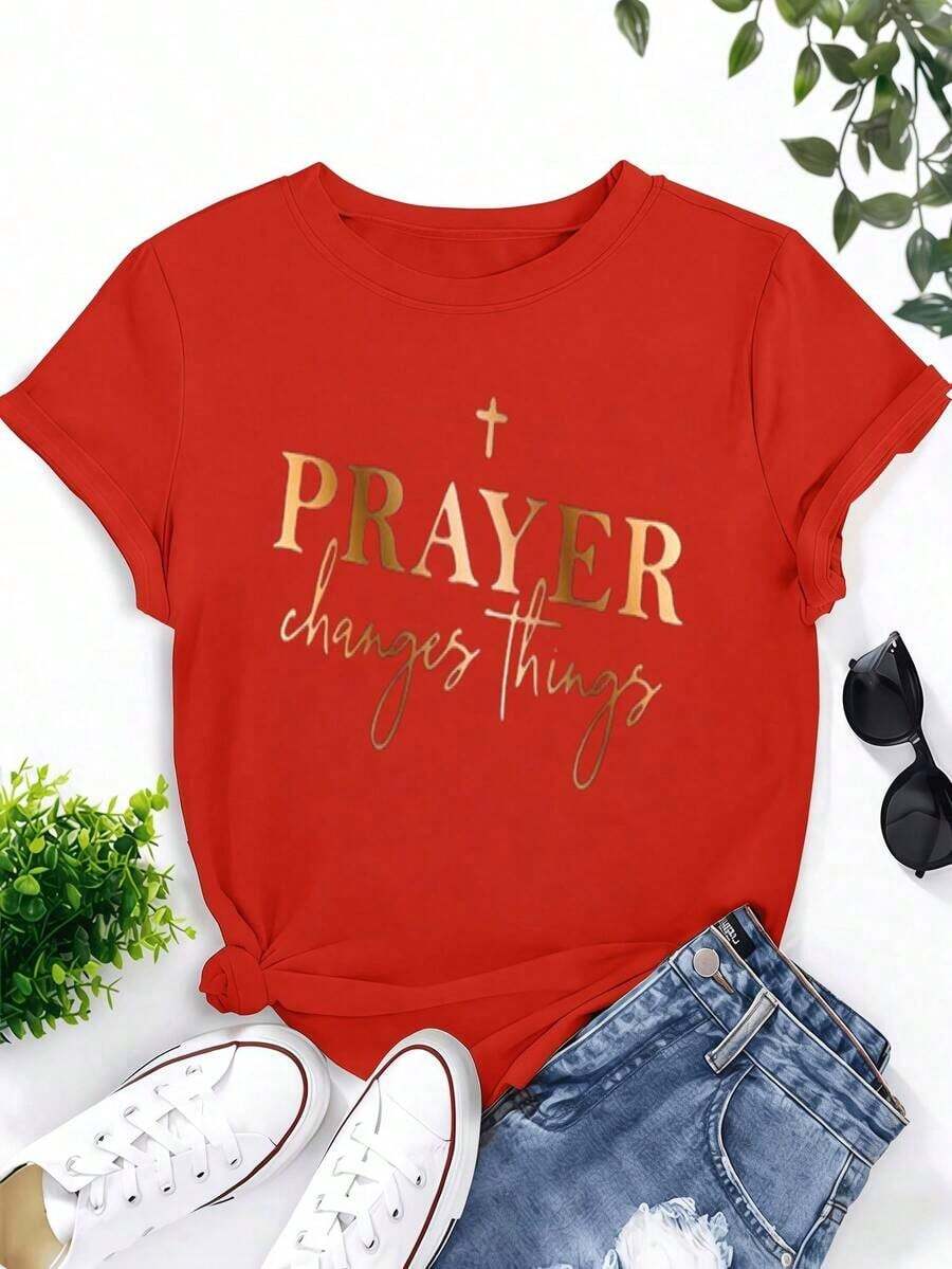 Edición Limitada Camiseta con Símbolo de ORACIÓN que las Cosas, Estilo Cursiva Metálica Dorada, Ropa de Verano, Camiseta Religiosa Espiritual Elegante, Camiseta Casual de Algodón con Cuello Redondo, Fe Cristiana, Pascua, Día de San Patricio, Top de Ánimo Espiritual, Cómoda y Versátil, Ligera de Algodón para Verano - Rojo - Ver 1