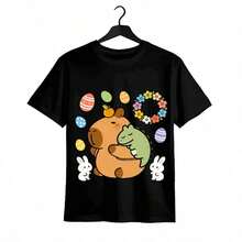 Tops para mujer de algodón de manga corta con cuello redondo para mujer, con estampado de conejito de Pascua y huevos, diseño de dibujos animados, corte regular, para uso diario y a, con tela de elasticidad media. - Negro - Ver 2
