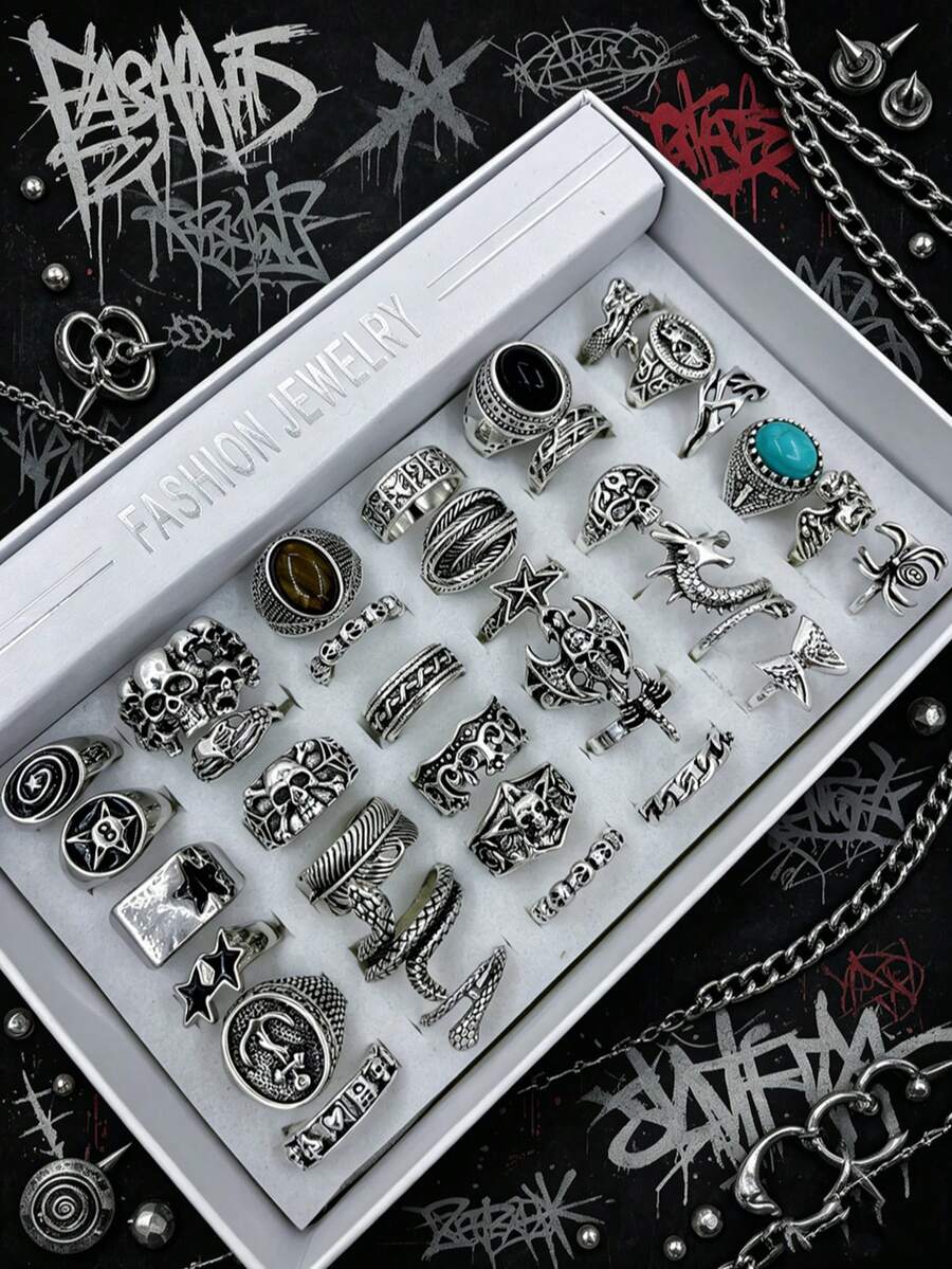 15pcs Gothic Spider & Snake Design Rings, Punk Hip Hop Mixed Style Couple Finger Rings, Fashion Jewelry Accessories For Party & Daily Wear, Random Assortment - Vintage Turquoise Ring - View 1