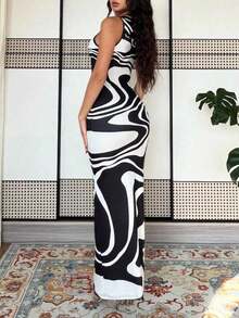 Vestido largo de mujer de vestido de escote con estampado de teñido anudado, vestido de verano largo, vestido largo verde maxi para outfit de mujer - Blanco y Negro 2 - Ver 2