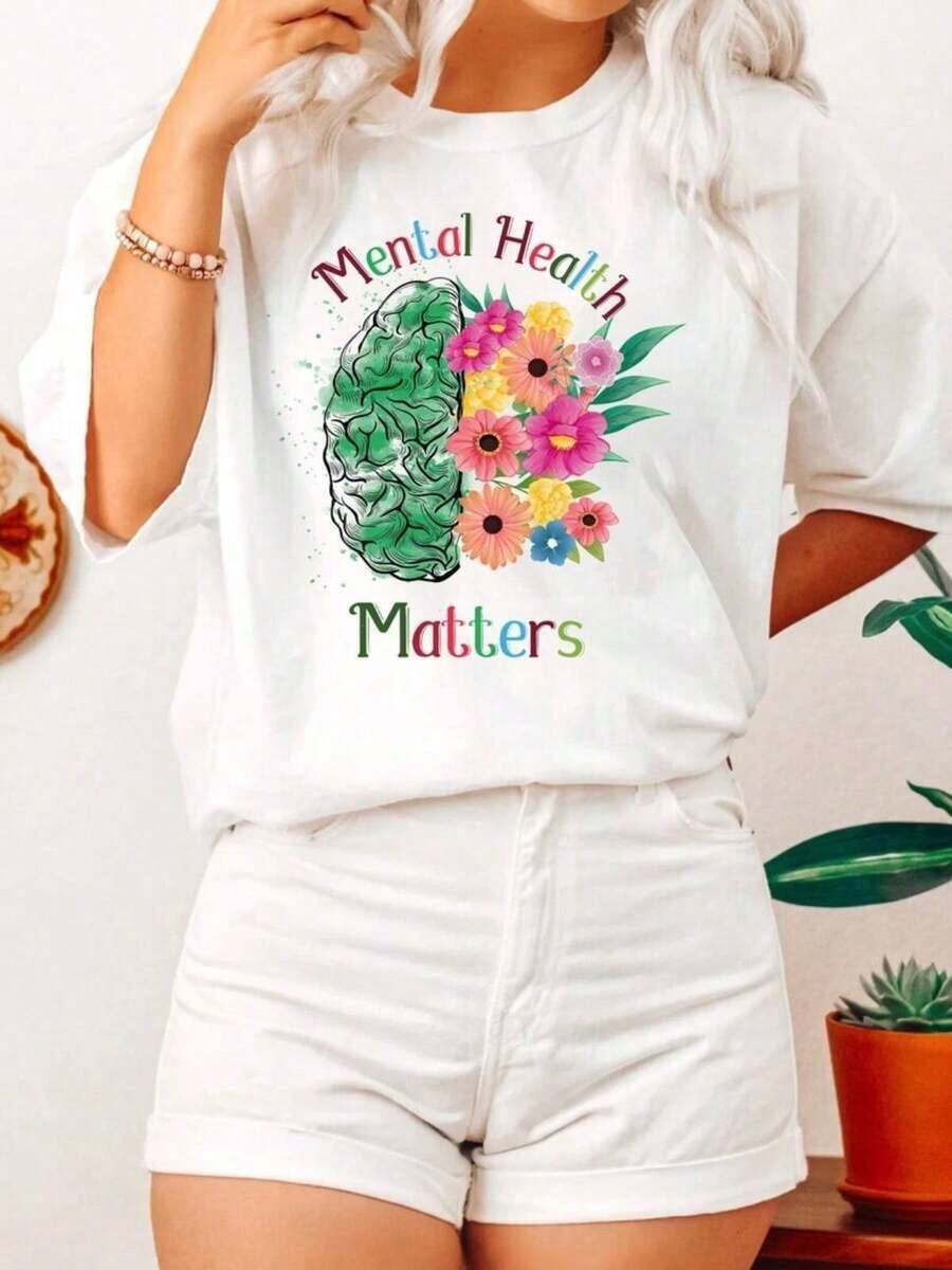 Playera minimalista moderna 100% algodón Mental Health Matters, Camiseta de Salud Mental, Sudadera de Psicólogo Escolar, Sudadera con Capucha Inspiradora, Concientización sobre Salud Mental, Camiseta con Diseño de Cerebro, Camisetas de Verano para Mujer, Camisetas Gráficas Estampadas de Gran Tamaño 100% Algodón para Mujer, Camiseta Casual de Cuello Redondo y Manga Corta, 1 pieza, Camiseta de Moda, Regalo de Halloween, Regalo de Navidad - Blanco 001 - Ver 1