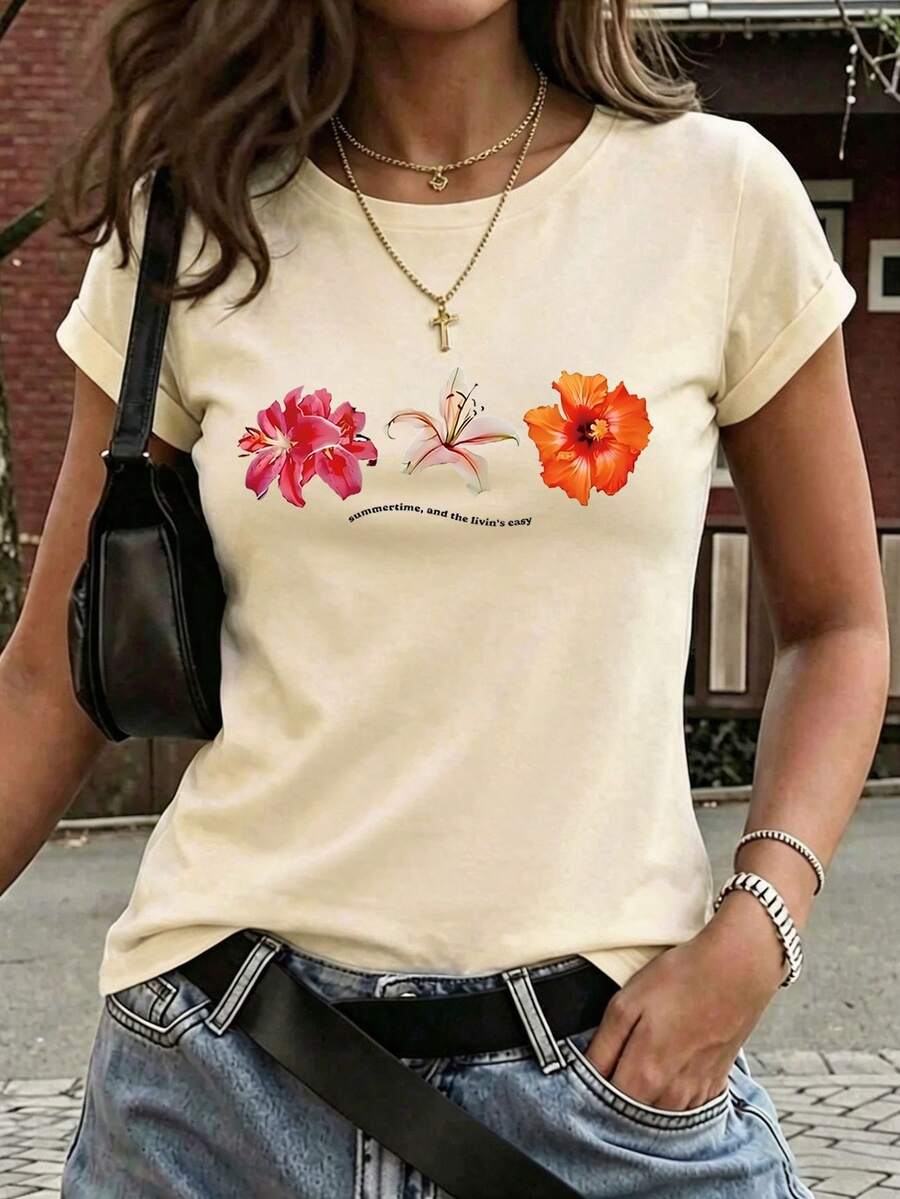 Playeras de Mujer Cuello Redondo Manga Corta, Camiseta con Estampado de Moda Actual, Tops Básicos Casuales - Albaricoque - Ver 1