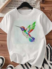 Camiseta de mujer moderna, informal, para fiestas y para estar en casa, 100% algodón, corte holgado. 1 blusa de mujer, blusas bonitas para mujer, ropa de mujer, camiseta de algodón blanco, estampado colorido de colibrí, estampado de algodón de alta calidad, cuello redondo, corte básico holgado, para hombre y mujer, transpirable, versátil, lavable a máquina, cómoda, talla S ~ 3XL, para uso diario, casual, deportivo, artículo esencial de verano, 100% algodón. - Blanco - Ver 3
