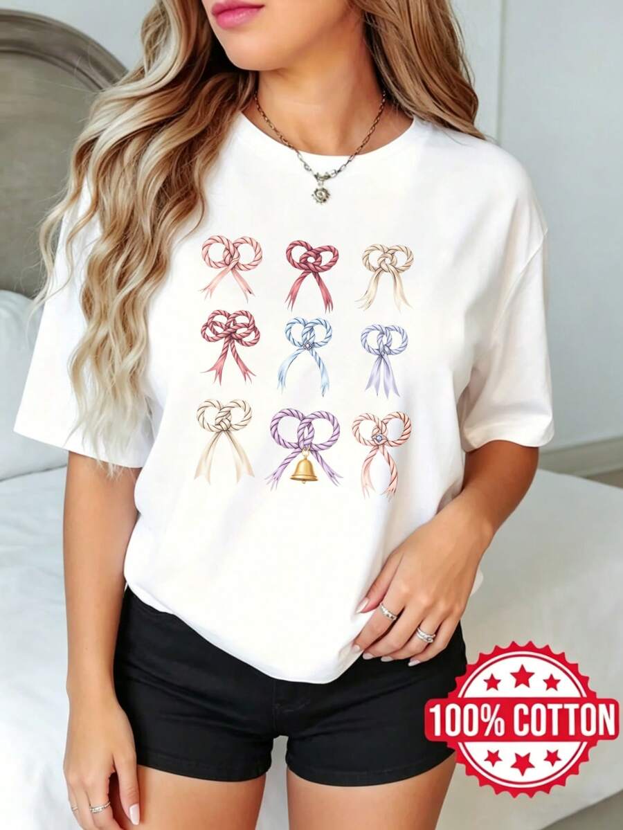 Camiseta de manga corta con cuello redondo y estampado para dama, verano casual Patrones de arco iris con campana S-3XL 100% aodón material transpirable