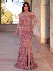 Faeriesty Elegantes Paillettenkleid mit offenem Schulterausschnitt und Meerjungfrauenschnitt für Große Größen Damen, Design mit hohem Schlitz - Funkelndes Abendkleid, geeignet für rote Teppich Events, luxuriöse Hochzeiten, glamouröse Partys und formelle Anlässe, Sommerurlaubs-Partykleidung Frühling - Altrosa - Übersicht 2