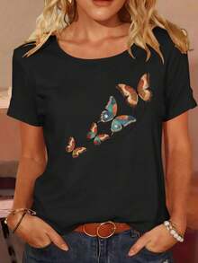 Camiseta de Algodón para Mujer con Estampado Creativo de Letras, Ideal para Primavera y Verano, Ocio al Aire Libre, Fiestas y Vacaciones, Fácil de Combinar. - Negro - Ver 7
