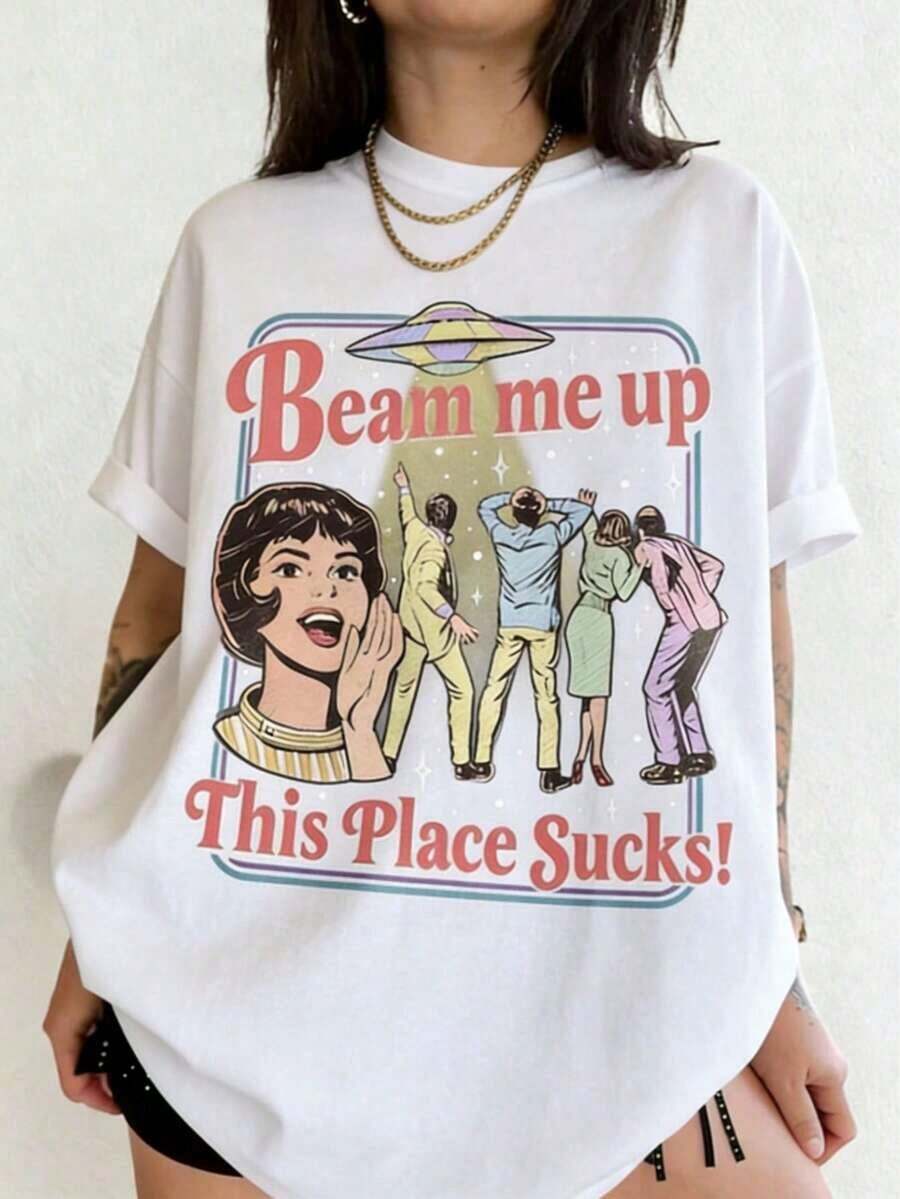 Camiseta de manga corta con cuello redondo, estampado floral, corte holgado, de tela suave, para mujer, estilo casual urbano. - Blanco - Ver 1
