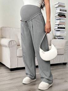 Pantalones rectos con bolsillo en diagonal, cintura ajustable, para maternidad - Gris Claro - Ver 4