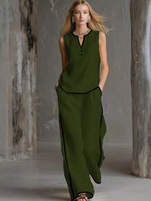 Nuevo 2026 Conjunto Dos Piezas Casual Mujer Color Contraste Sin Mangas y Pantalones Pierna Ancha - Azul - Ver 4