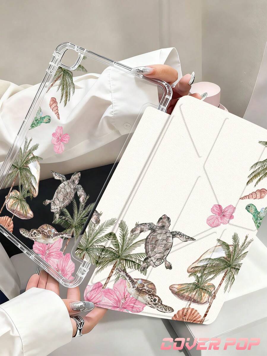 椰子树、海龟和芙蓉花图案平板电脑保护套，适用于 iPad Air 8 (M4) 2026 (11 英寸)/2026 (13 英寸)、9.7/10.2/10.5/10.9/12.9/Pro 11/A16、第十代、Galaxy Tab S6 Lite 10.4 英寸、Kindle Paperwhite 第十二代 2024、Kindle（第十一代 - 2024 年发布），提供柔软防震保护、智能睡眠/唤醒功能、Y 型折叠支架、多角度观看，是学生、情人节、节日等场合的可爱礼物。