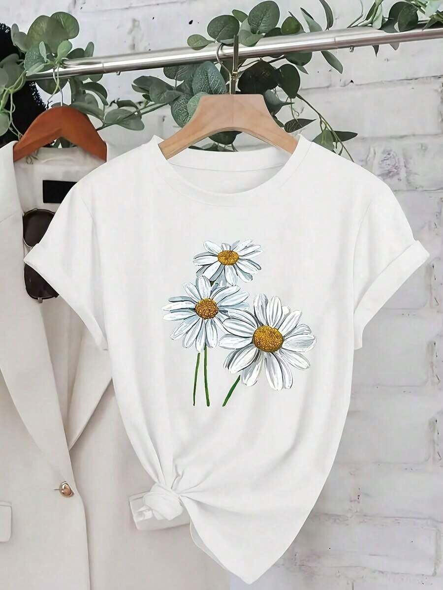 Camiseta 100% algodón con estampado de margaritas, top deportivo casual de manga corta y cuello redondo, adecuada para ropa de mujer de primavera y verano, camiseta de algodón transpirable, combina con todo, 100% algodón. - Blanco - Ver 1