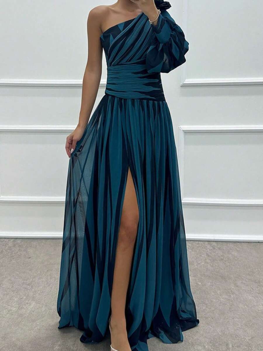 Off-The-Shoulder Print Dress With A Casual Slit For Everyday Wear - Blue - View 1