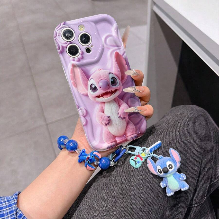 Disney Lilo & Stitch Phone Case With Angel Charm And Stitch Lanyard - Cute Angel Protective Case With Flower Background Design, Equipped With Delicate Stitch Decorative Lanyard And Beaded Bracelet For Easy Carrying, Compatible With IPhone 17, 16, 15, 14, 13, 12, 11 Pro Series, Ideal For Birthdays, Holidays, Anniversaries, Graduation Gifts, Or Any Special Occasion To Surprise Family, Friends, Classmates, And Loved Ones. - 白色 - 查看 1