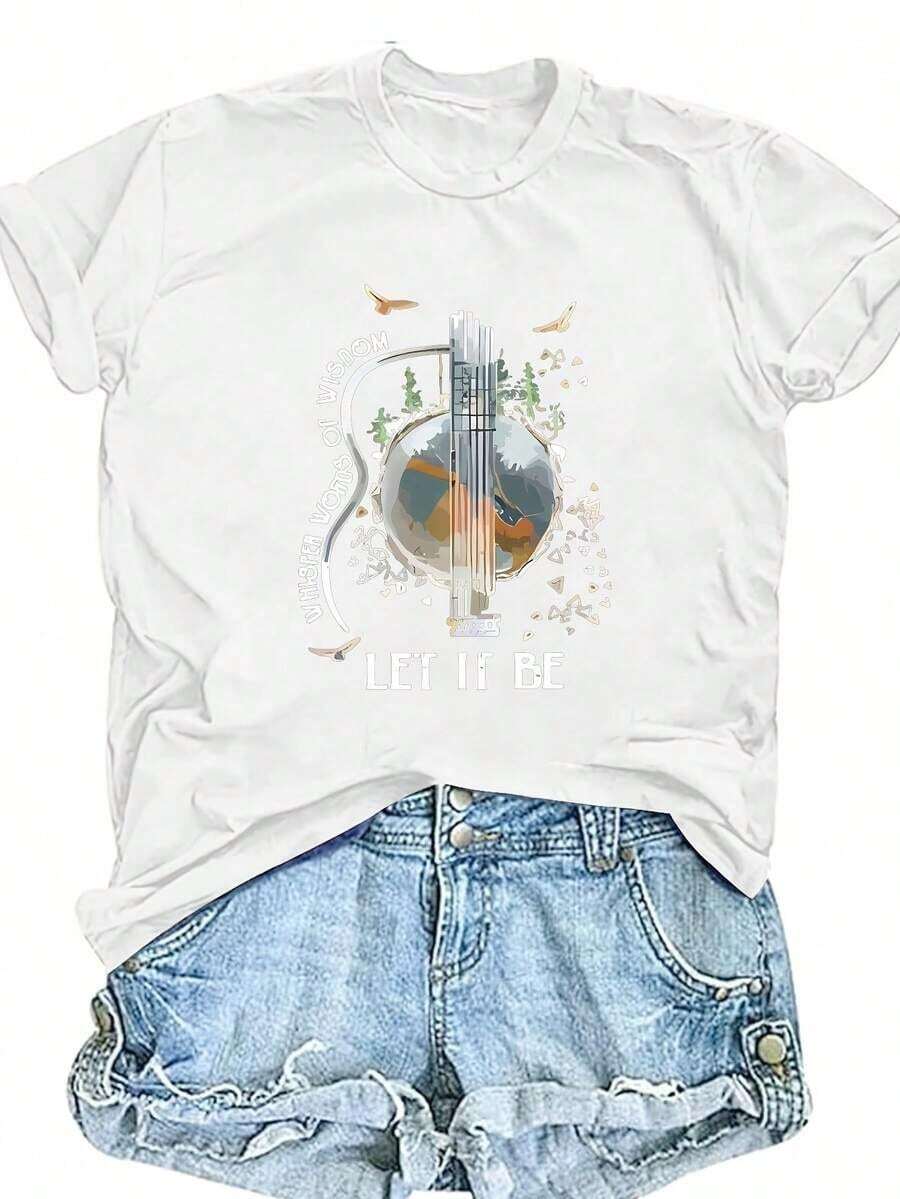 Una camiseta de manga corta para mujer, holgada, informal y de uso diario, adecuada para actividades al aire libre en primavera y verano. Camiseta de moda para mujer, estampada con el patrón "LET IT BE", top informal de cuello redondo, de tejido de punto, corte regular, adecuada para todas las estaciones. Camiseta para mujer. blusas para mujer,blusas casuales para dama,tops,, mujer premium,y2k,playeras de mujer curvy,ofertas y liquidaciones ropa mujer,playeras deportivas para mujer,,playeras de hombre, mujer,blusas>elegante T8E5 100% Cotton Blusas Bonito - Blanco - Ver 1