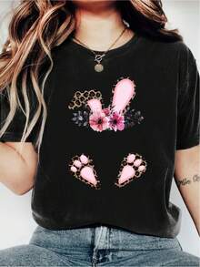 Camiseta de moda de eión limit de Pascua con diseño de conejo y cuello redondo - Hechara mujeres, camiseta casual con estampado de cuello redondo - Ligera y e para el guardarropa de primavera y verano_1 Cómoda camiseta ho de manga cortara uso diario (Consulta la tabla de tallas para - Negro - Ver 2