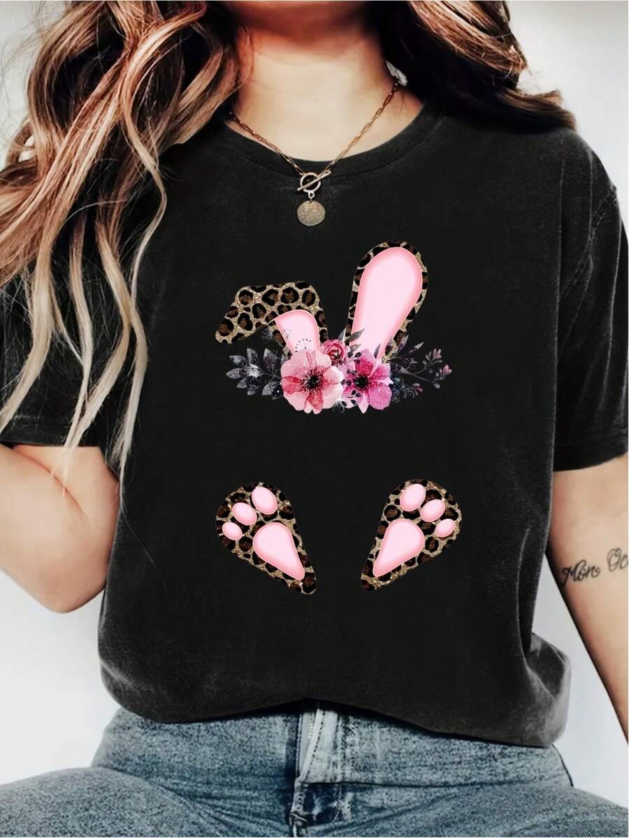Camiseta de moda de eión limit de Pascua con diseño de conejo y cuello redondo - Hechara mujeres, camiseta casual con estampado de cuello redondo - Ligera y e para el guardarropa de primavera y verano_1 Cómoda camiseta ho de manga cortara uso diario (Consulta la tabla de tallas para