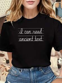 Camiseta de fuente cursiva negra con diseño "Puedo r texto antiguo" para uso casual y amantes de los libros, cuello redondo, manga corta, tela ligerara todas las estaciones, camiseta casual de manga corta, moda, color liso, uste entallado y elegante (para un uste hoado, consulte la tabla - Negro - Ver 2