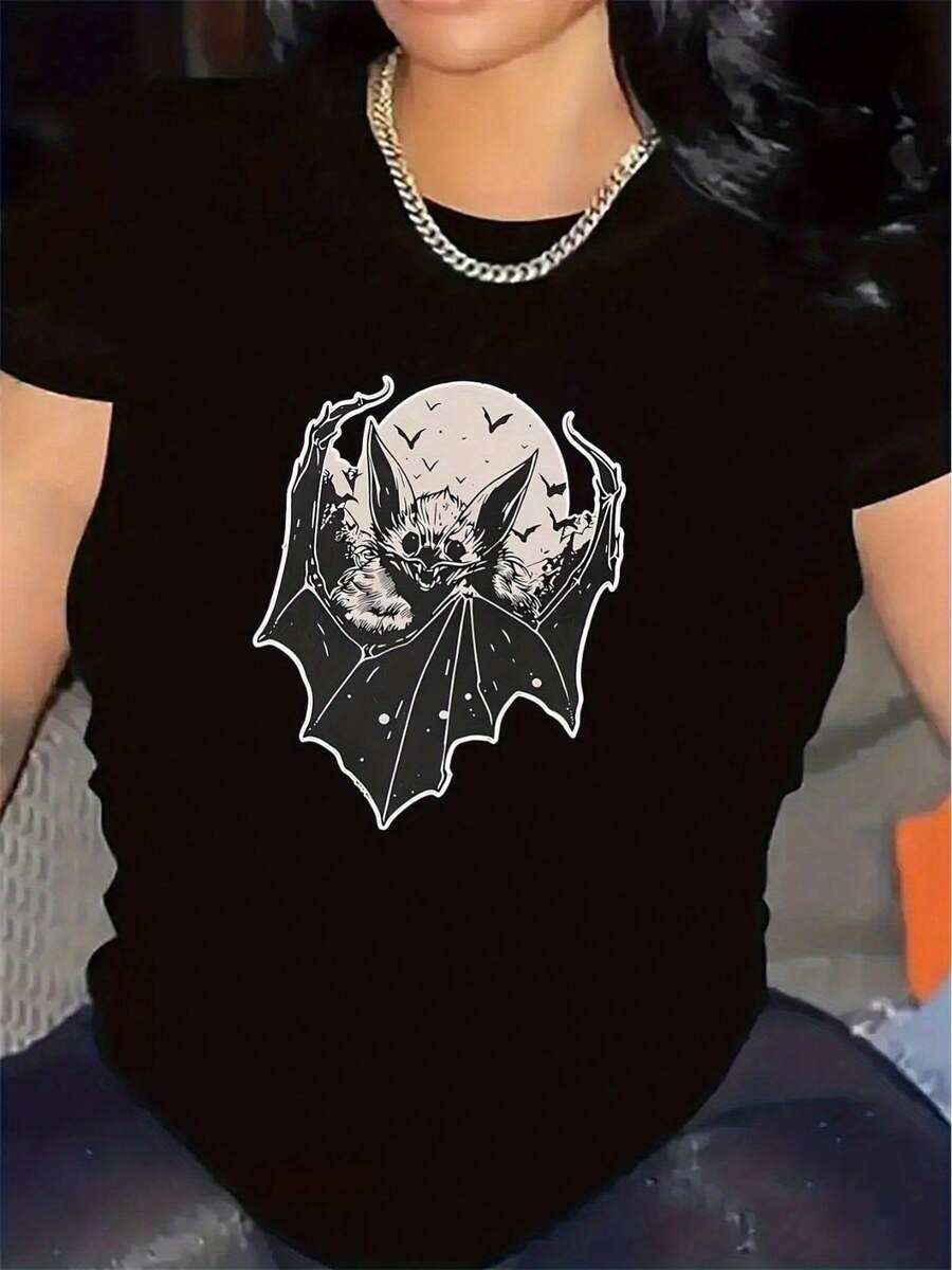 Camiseta de algodón purodemujerconestampadodemurciélagos,adecuadatantoparaelhogarcómoparaelrestaurante,ligerayduradera,laprimeraopciónparaocasionesinformales,ajustecómodo,camisetaimpresoalamodaparausodiario,telasuave,ropamodernoparamujer. - Negro - Ver 1