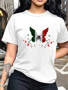 Camiseta de Mujer de Algodón Puro con Estampado de Mariposa y Bandera Mexicana - Manga Corta, Ligera y Casual, con Detalles en Verde, Blanco y Rojo, Ideal para Atuendos Diarios y Festivos.Tops para Mujer - Blanco - Ver 6