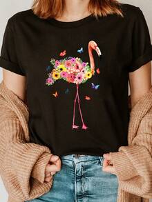 Soft 100% Cotton T-Shirt With Flamingo And Flower Print,  Letter Print T-Shirt, Short Sleeve, Round Neck, Casual Top For Summer And Spring, Women's Clothing, Breathable Cotton T-Shirt, Goes With Everything, Great. - 黑色 - 查看 7