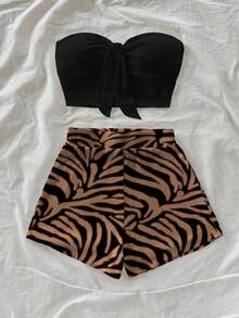 Conjunto de 2 piezas de estilo casual de vacaciones con shorts de estampado de cebra en color albaricoque y verde, y top bandeau negro, adecuado para vacaciones de verano - Multicolor 4 - Ver 7