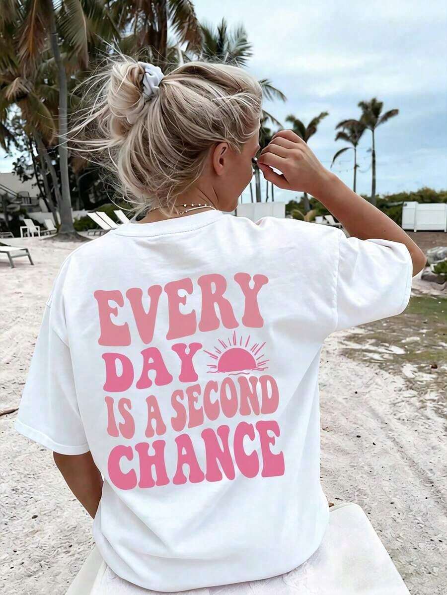 2026 New Cotton-shirtCamiseta de mujer de manga corta y cuello redondo con estampado de letras, casual y holgada, versátil, estilo diario en color blancoLightweight Cotton - Blanco - Ver 1