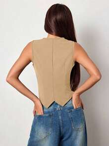 Chaleco de punto ajustado de unicolor con cuello en V sin mangas para mujer, atuendos de verano, atuendos de verano para mujer, atuendos de vacaciones de verano, Día de San Valentín, atuendos de vacaciones para mujer, atuendos de vacaciones en la pl - Caqui - Ver 2