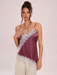 Camiseta de tirantes asimétrica con entramado de encaje transparente - Rojo - Ver 6