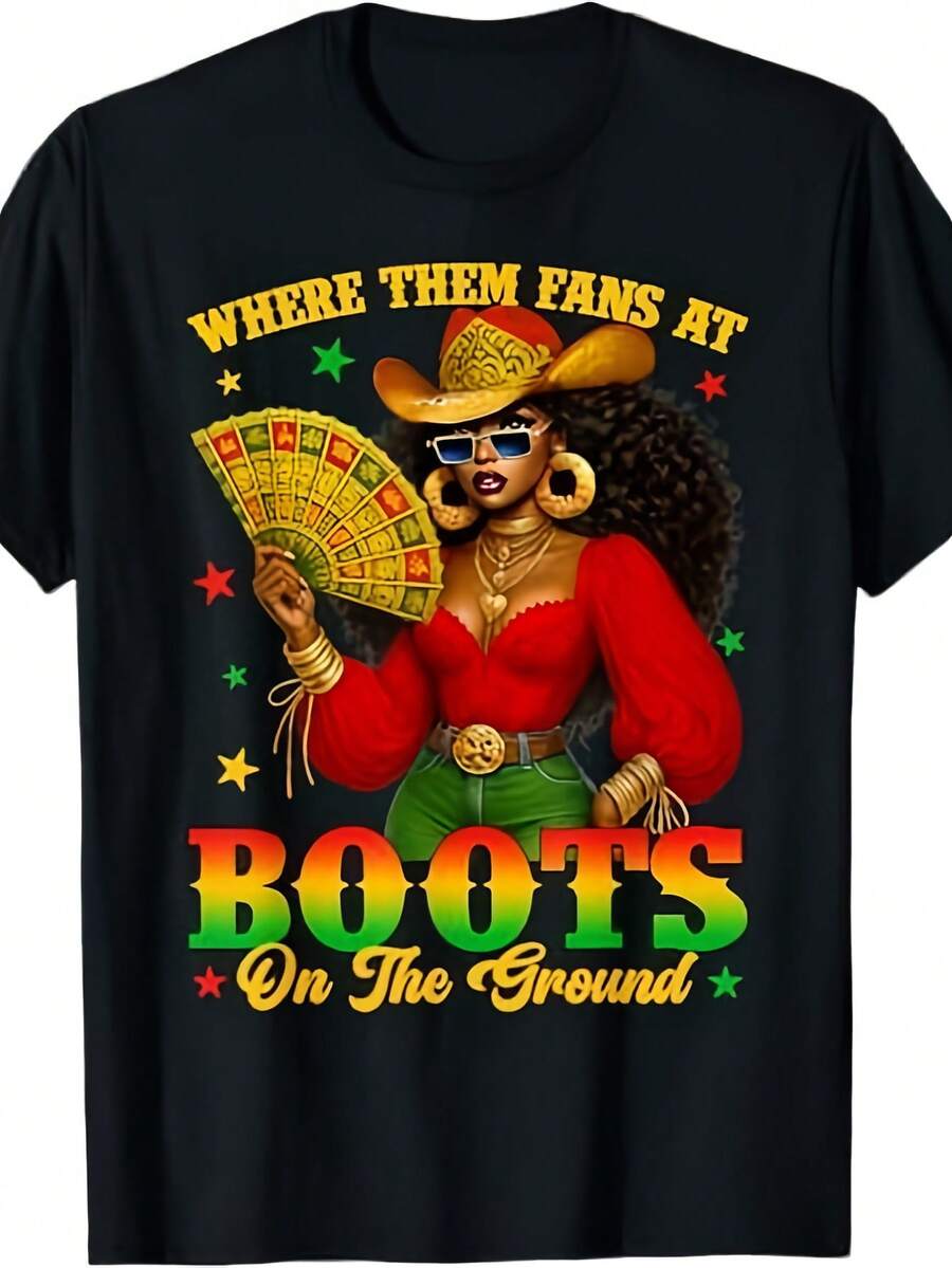 "Where Them Fans at" Camiseta de manga corta estampada unisex, cuello redondo, color sólido, estilo vaquero del oeste, para baile en línea, Verano 2026, color sólido G - Blanco - Ver 1