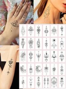 30 piezas Pegatinas de tatuaje temporal negro con diseños pequeños a prueba de agua, que incluyen sol, luna y flor de loto, adecuadas para decoración de manos y Body para hombres y mujeres - Negro - Ver 1