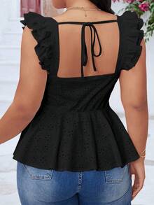 Nueva camiseta bordada de talla grande para mujer con mangas acampanadas, detalle de lazo, corte ajustado y espalda descubierta. Sencilla y elegante, perfecta para el verano. - Negro - Ver 2