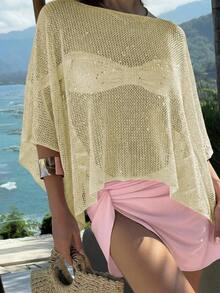 Elegante top de mujer de primavera/verano, de punto rosa, con cuello redondo, sólido, semitransparente, con capucha y detalles de lentejuelas calados, para uso casual, vacaciones y playa - Amarillo - Ver 3