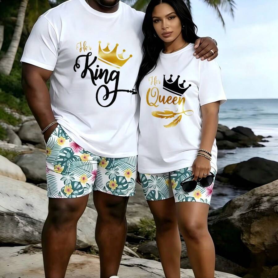 Her King Her Queen Matching Couple T Shirts With Tropical Print Shorts Set Fashion Design Casual Outfit For Beach Vacation Perfect Gift For Couples Summer Holiday Wear - Blanco - Ver 1